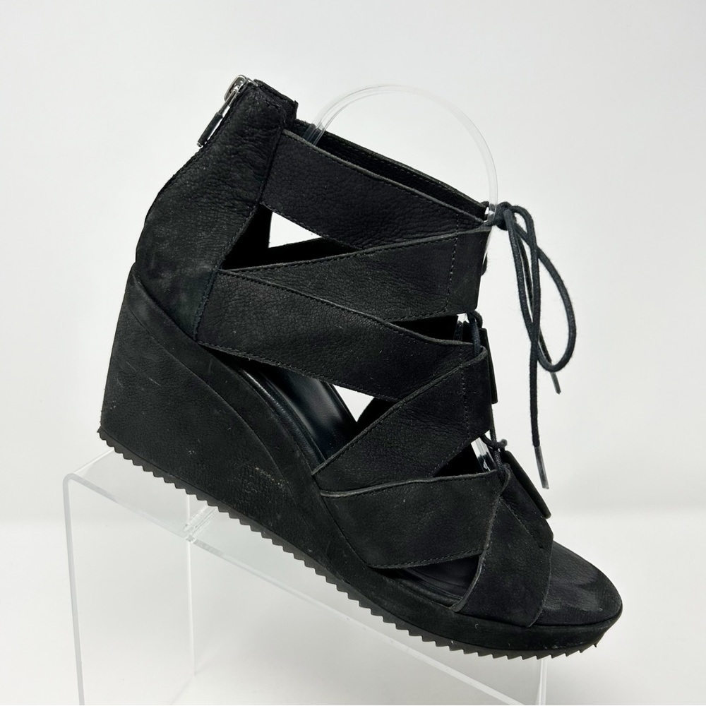 Eileen Fisher Black Lace Up Strappy Wedge Sandals Open Toe Size 9 Back Zipper